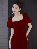 Sexy A Line Square Neckline Red Slit Long Prom Dresses HZ1024