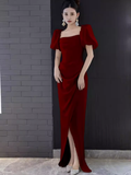 Sexy A Line Square Neckline Red Slit Long Prom Dresses HZ1024