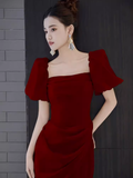Sexy A Line Square Neckline Red Slit Long Prom Dresses HZ1024