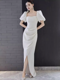 Sexy A Line Square Neckline White Slit Long Prom Dresses HZ1024
