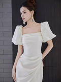 Sexy A Line Square Neckline White Slit Long Prom Dresses HZ1024
