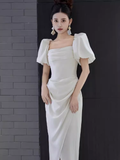 Sexy A Line Square Neckline White Slit Long Prom Dresses HZ1024