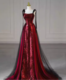 Simple A Line Burgundy Sequin Long Prom Dresses HZ1024