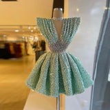 Beautiful Deep V-Neck Cap Sleeves Homecoming Dress with Sequins Beadings HZ1024