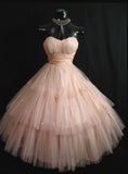 Vintage Pink Strapless Tulle Tea Length Short Homecoming Dress HZ1024