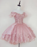 Pink Lace Homecoming Gown with Beading, Princess Off the Shoulder Hoco Dress HZ1024