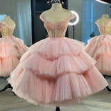 Ball Gown Puffy Straps Tiered Pink Tea Length Homecoming Dress HZ1024