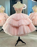 Ball Gown Puffy Straps Tiered Pink Tea Length Homecoming Dress HZ1024