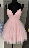 A line V-neck Tulle Homecoming Dress with Ruched Bodice and Ruffle Embellishments HZ1024