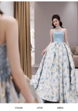Simple Ball Gown Blue Satin Floral Long Prom Dresses HZ1024