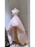 Simple High Low Sweetheart Sleeveless Organza Pink Prom Dresses HZ1024