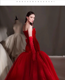 Simple Mermaid Red Tulle Long Prom Dresses HZ1024