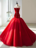 Simple Mermaid Red Tulle Long Prom Dresses HZ1024
