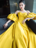 Simple Ball Gown Strapless Yellow Satin Long Prom Dresses HZ1024