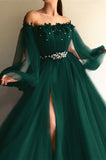 Chic Off-the-Shoulder Long Sleeves Elegant Prom Dress With Beads HZ1024