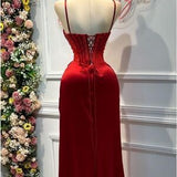 Chic Sheath Spaghetti Straps Long Satin Elegant Red Prom Dress With Beads HZ1024