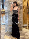 Mermaid Straps Black Tulle Beads Long Prom Dress HZ1024