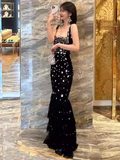 Mermaid Straps Black Tulle Beads Long Prom Dress HZ1024