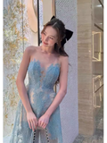 A Line Scoop Neckline Sleeveless Lace Blue Prom Dress HZ1024