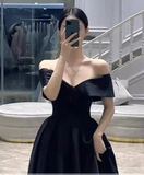 Simple A line Off The Shoulder Satin Black Long Prom Dresses HZ1024