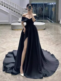 Simple A line Off The Shoulder Satin Black Long Prom Dresses HZ1024
