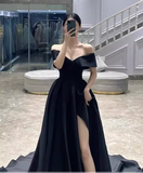Simple A line Off The Shoulder Satin Black Long Prom Dresses HZ1024