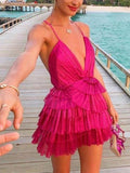 Unique Hot Pink Pleated V-neck Homecoming Dresses With Ruffle Skirt HZ1024