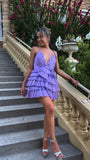 Unique A line Pleated V-neck Lilac Homecoming Dresses With Ruffle Skirt HZ1024