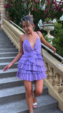 Unique A line Pleated V-neck Lilac Homecoming Dresses With Ruffle Skirt HZ1024