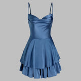 Unique A line Straps Blue Silk Satin Homecoming Dress 18th Birthday Outfits HZ1024