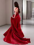 Simple Sheath Off The Shoulder Satin Red Long Prom Dresses HZ1024