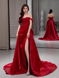 Simple Sheath Off The Shoulder Satin Red Long Prom Dresses HZ1024