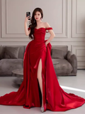 Simple Sheath Off The Shoulder Satin Red Long Prom Dresses HZ1024