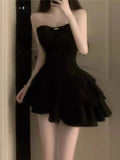 Modest Sheath Strapless Black Satin Homecoming Dress 21st Birthday Outfit HZ1024