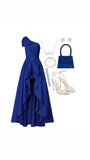 Sexy A line One Shoulder Satin Royal Blue Long Prom Dresses With Ruffles HZ1024