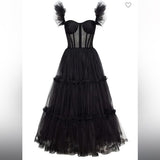 Sexy A line Straps Tulle Black Prom Dresses With Ruffles HZ1024
