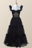 Sexy A line Straps Tulle Black Prom Dresses With Ruffles HZ1024
