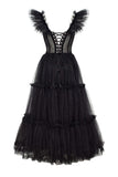 Sexy A line Straps Tulle Black Prom Dresses With Ruffles HZ1024