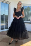 Sexy A line Straps Tulle Black Prom Dresses With Ruffles HZ1024