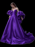 Simple A line Off The Shoulder Satin Grape Long Prom Dresses HZ1024
