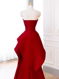 Modest Mermaid Strapless Red Satin Long Prom Dresses HZ1024