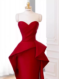 Modest Mermaid Strapless Red Satin Long Prom Dresses HZ1024