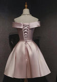Cute Pink Satin Off Shoulder Cute Party Dress Homecoming Dresses Birthday Outfit HZ1024