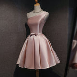 Cute Pink Satin One Shoulder Party Dress Homecoming Dresses Birthday Outfit HZ1024