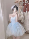 Baby Blue Balletcore Lace Bustier Dress Basque Waist Homecoming Dress Birthday Outfit HZ1024