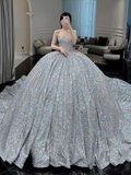 Ball Gown Strapless Sequin Silver Long Prom Dresses HZ1024