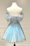 Strapless Blue Feather A-Line Short Homecoming Dress Birthday Outfit HZ1024