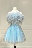 Strapless Blue Feather A-Line Short Homecoming Dress Birthday Outfit HZ1024