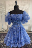Cute Puff Sleeves Ruffles A-line Prints Homecoming Dress 18th Birthday Outfit HZ1024
