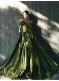 Ball Gown Off The Shoulder Green Satin Long Prom Dresses HZ1024